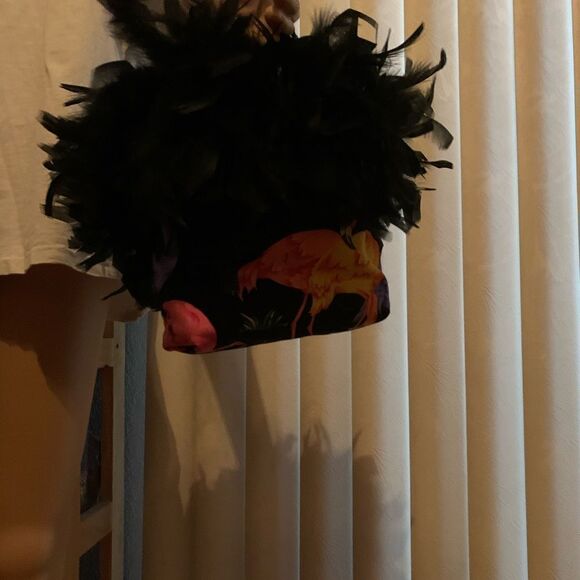 Flamingo Print Black Purse With Black Feathers And Colorful Design 7 1/2 Inches - Picture 6 of 7